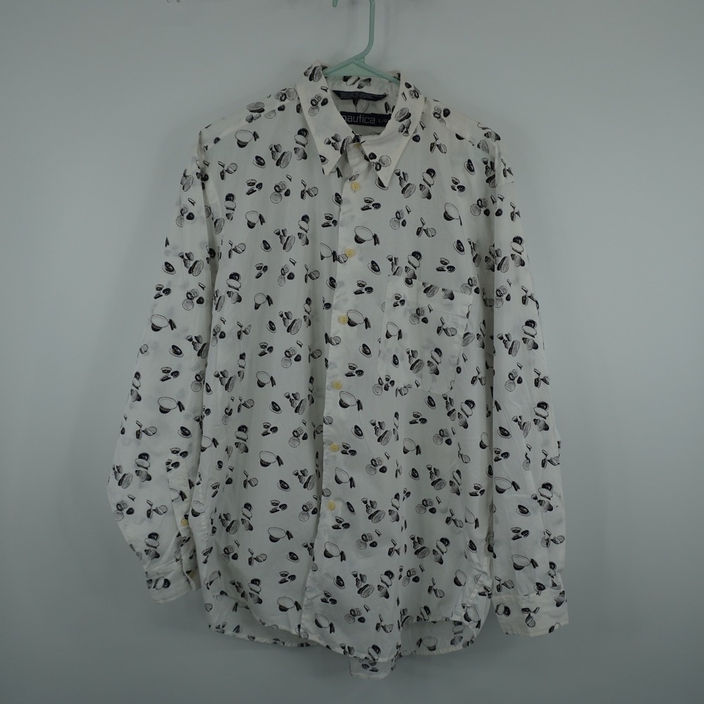 Nautica Button Down‎ Shirt Mens Large White Captain Nautical Boat Print